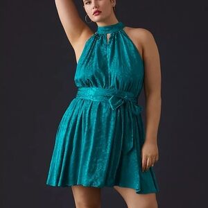 NWT Anthropologie Halter Neck Mini Dress Plus Women’s 2XL Teal Satin